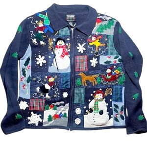 Vintage Holiday Navy Cardigan Snowman Winter Ugly Christmas Sweater Small Cotton